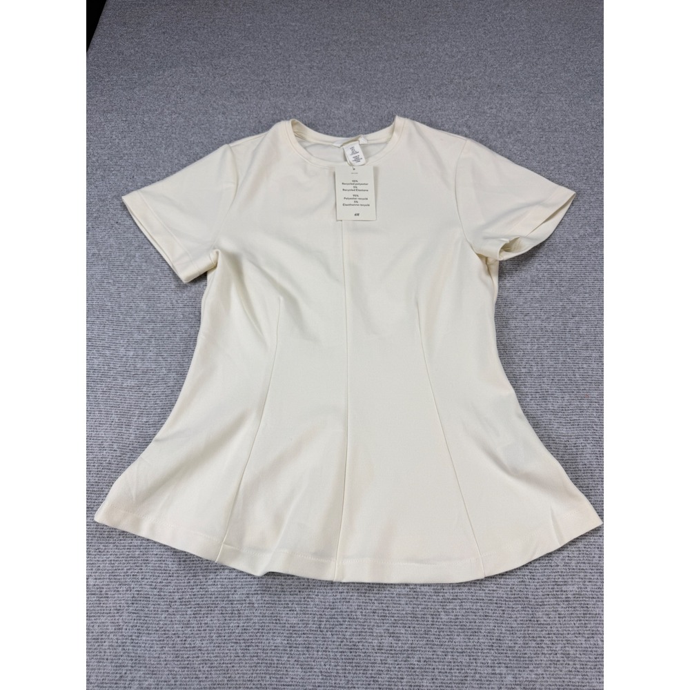 HM Women Cream Peplum Top Short Sleeve Crew Neck Recycled Blend Size S NEW
